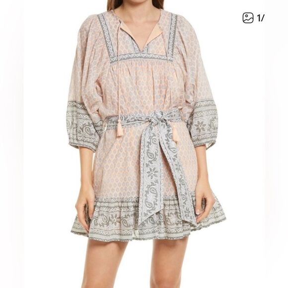 Cleobella women’s large Magdalena mini dress floral bohemian light coral grey - Picture 1 of 8